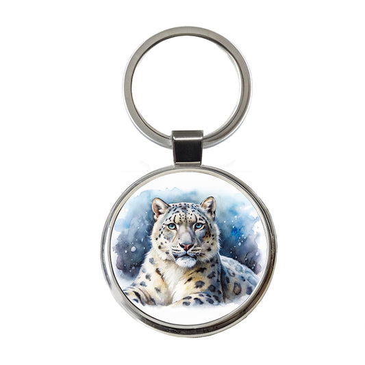 Snow Leopard Watercolor Round Metal Keychain