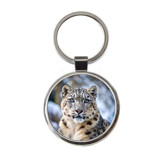 Snow Leopard Round Metal Keychain