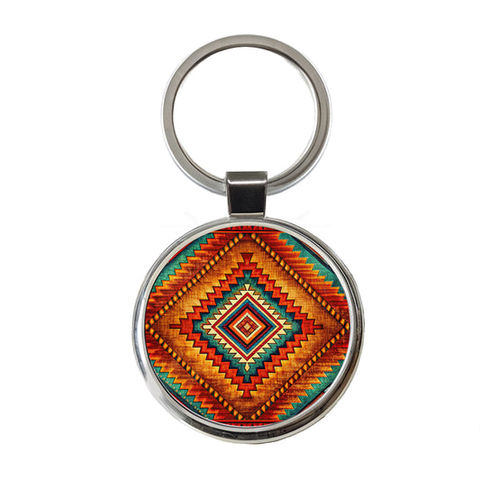 Southwestern Tribal Pattern Design Round Metal Keychain