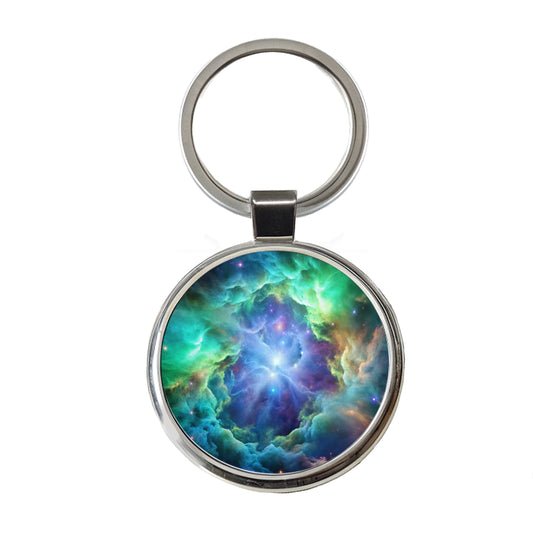 Space Galaxy Nebula Blue Purple Green Round Metal Keychain