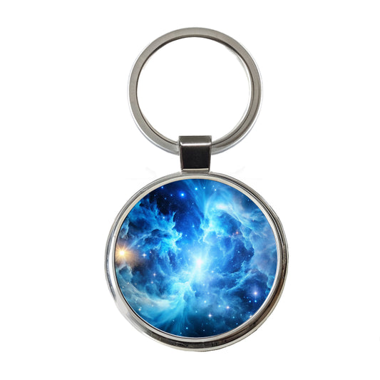 Space Galaxy Nebula Blue White Round Metal Keychain