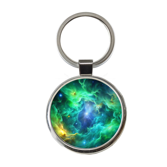 Space Galaxy Nebula Green Blue Round Metal Keychain
