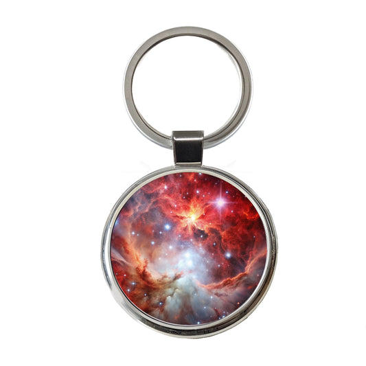 Space Galaxy Nebula Red White Round Metal Keychain