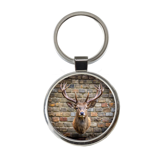 Stag's Head Mounted To Wall Round Metal Keychain