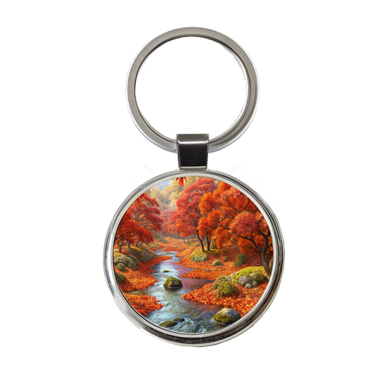 Stream and Trees in Fall Autumn Round Metal Keychain