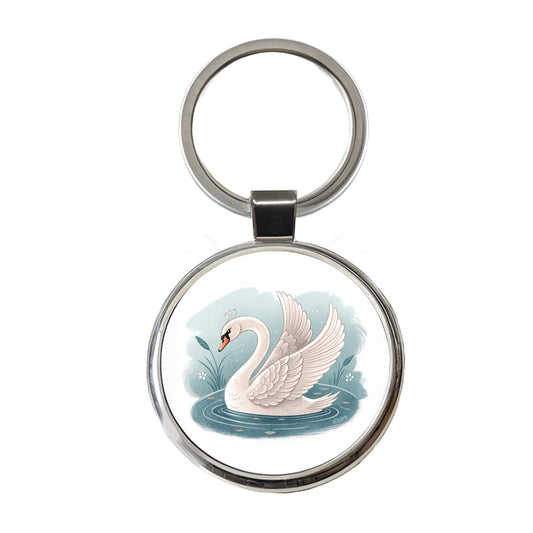 Swan Children's Illustration Style Round Metal Keychain