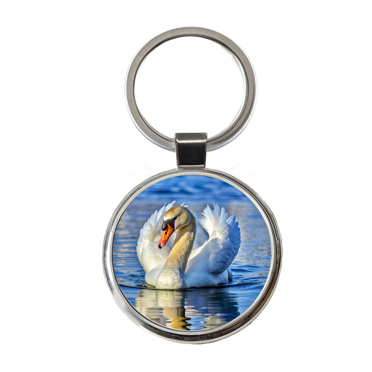 Swan Round Metal Keychain