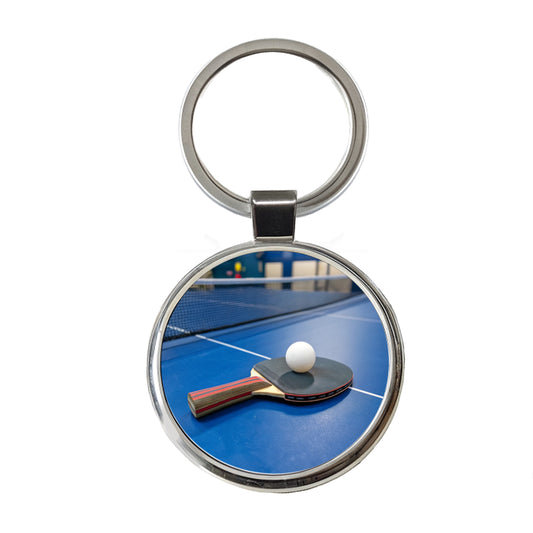 Table Tennis Ping Pong Paddle and Ball on Table Round Metal Keychain