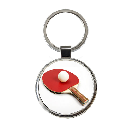 Table Tennis Ping Pong Paddle and Ball Round Metal Keychain