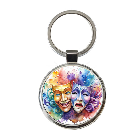 Theater Drama Masks Watercolor Round Metal Keychain