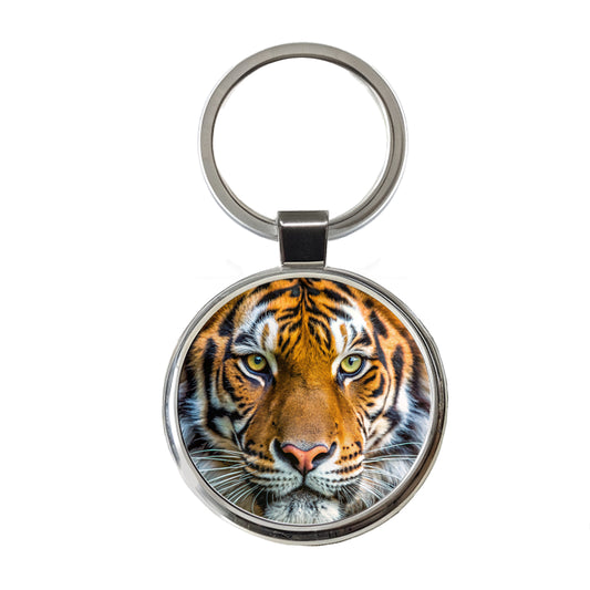 Tiger Face Round Metal Keychain