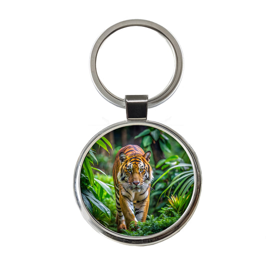 Tiger Stalking Prey In The Jungle Round Metal Keychain