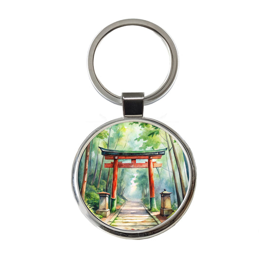 Torii Gate Leading To Forest Shrine Watercolor Round Metal Keychain