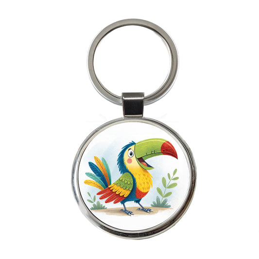 Toucan Bird Children's Illustration Style Round Metal Keychain