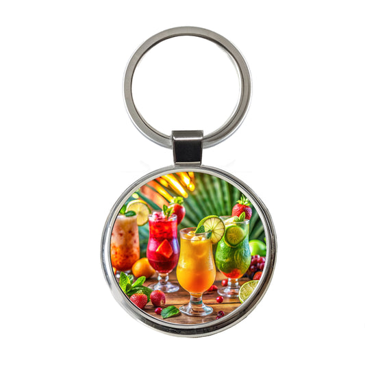 Tropical Colorful Fruity Drinks Round Metal Keychain