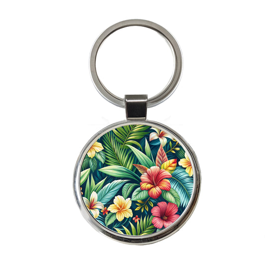 Tropical Hibiscus Pastel Floral Pattern Round Metal Keychain