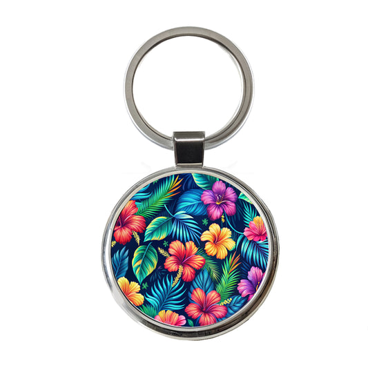 Tropical Neon Hibiscus Floral Pattern Round Metal Keychain