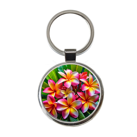Tropical Pink Yellow Plumeria Flowers Round Metal Keychain