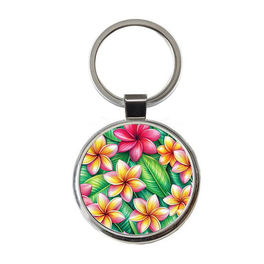 Tropical Plumeria Floral Pattern Round Metal Keychain
