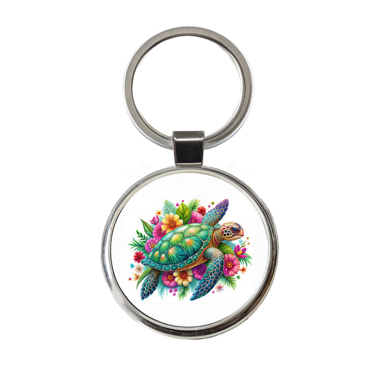 Tropical Sea Turtle Floral Design Round Metal Keychain
