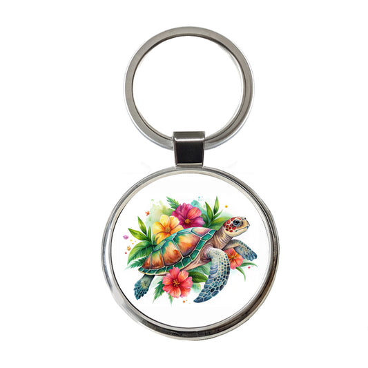 Tropical Sea Turtle Hibiscus Floral Watercolor Round Metal Keychain