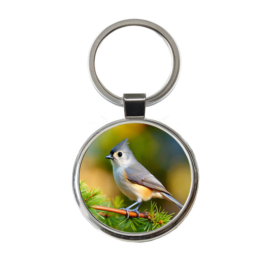 Tufted Titmouse Backyard Bird Round Metal Keychain