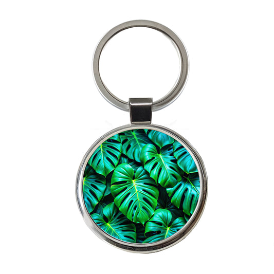 Vibrant Neon Green Monstera Leaves Round Metal Keychain