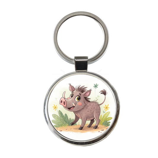 Warthog Children's Illustration Style Round Metal Keychain