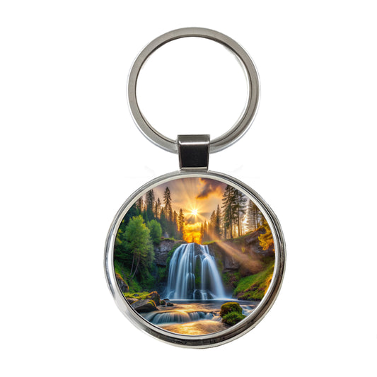 Waterfall In The Forest At Sunset Round Metal Keychain