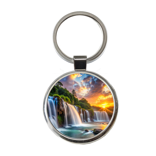 Waterfalls At Sunset Round Metal Keychain
