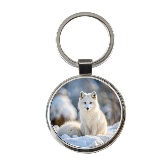 White Arctic Fox In The Snow Round Metal Keychain