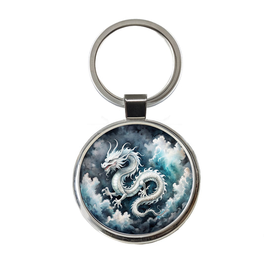 White Asian Dragon On Black Watercolor Round Metal Keychain