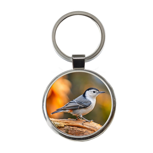 White Breasted Nuthatch Backyard Bird Round Metal Keychain
