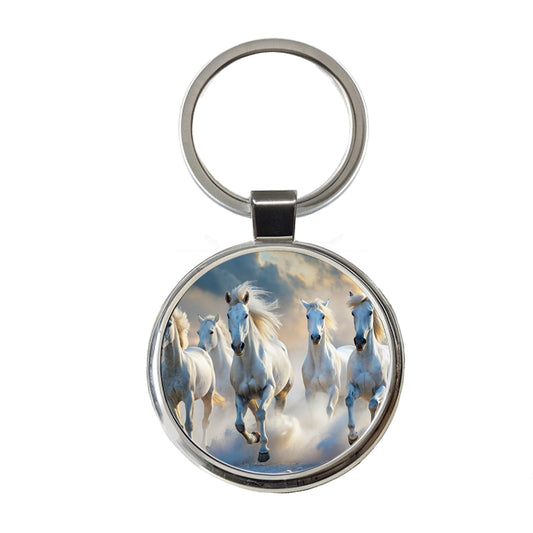 White Horses Galloping Round Metal Keychain