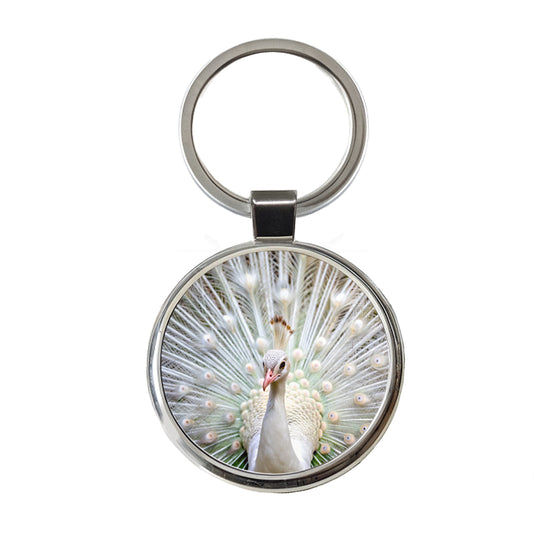 White Peacock Round Metal Keychain