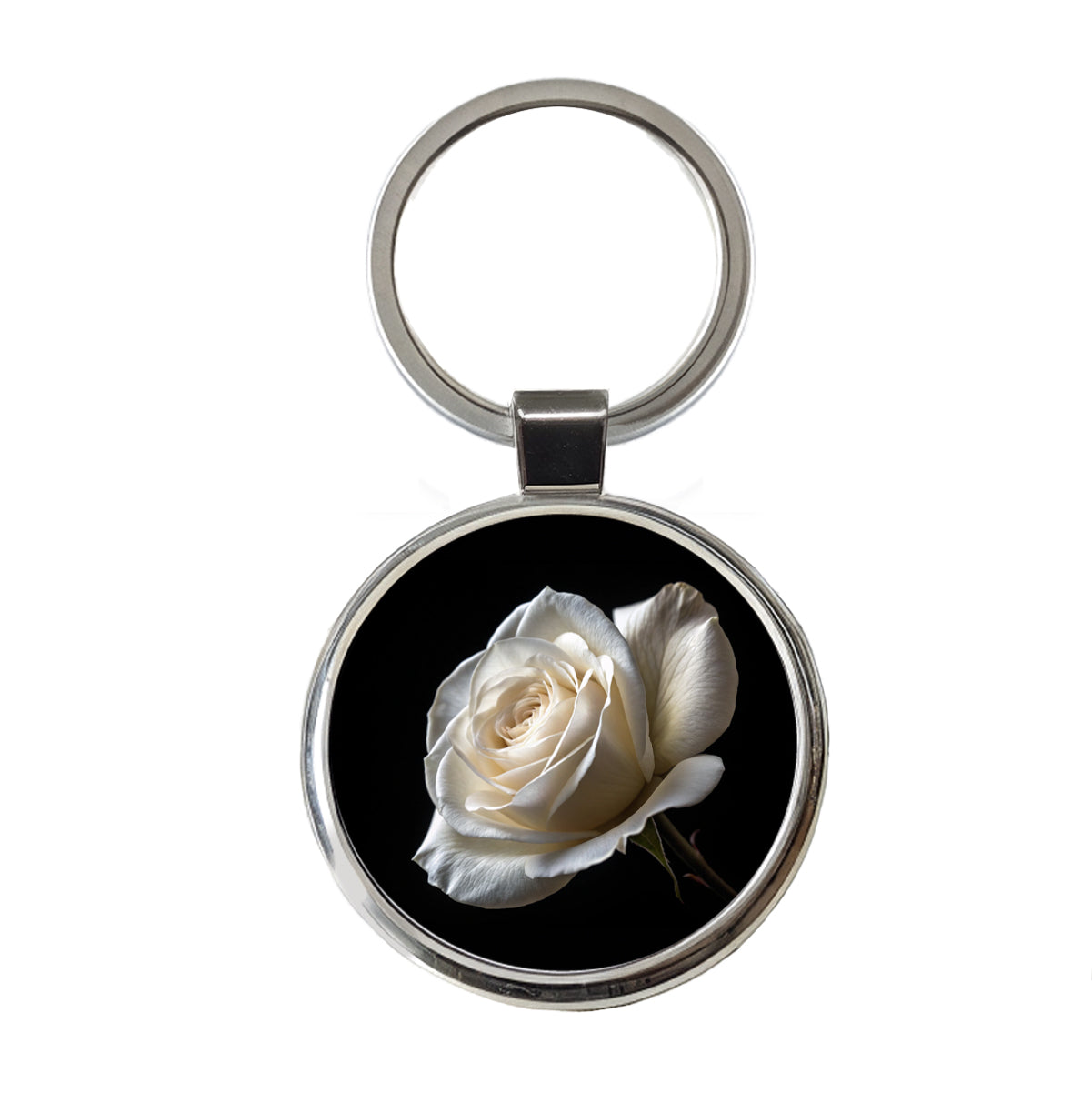 White Rose Round Metal Keychain
