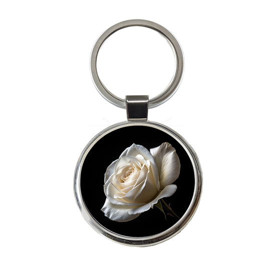 White Rose Round Metal Keychain