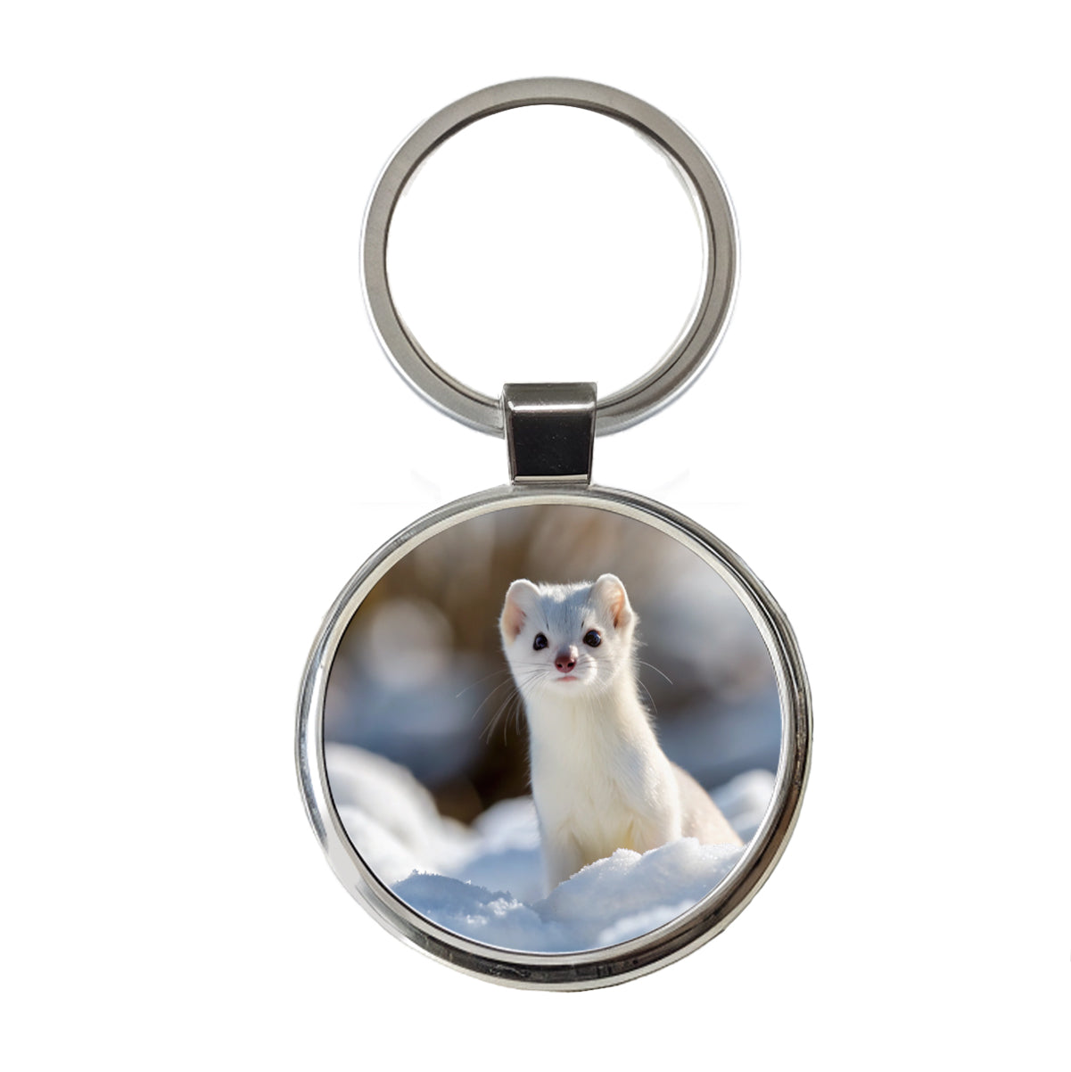 White Stoat Ermine In Snow Round Metal Keychain