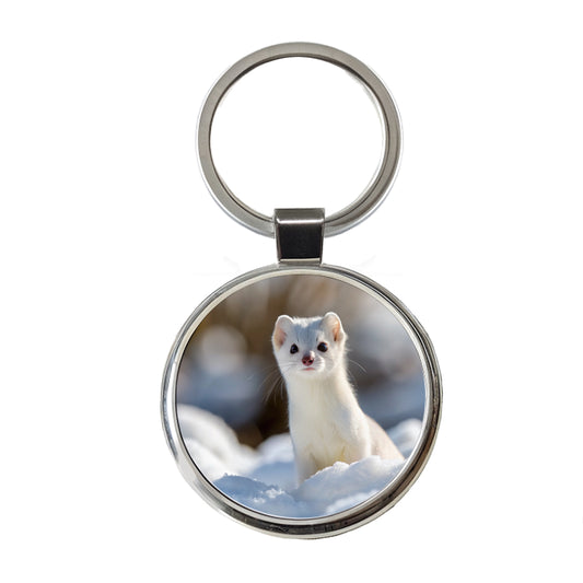 White Stoat Ermine In Snow Round Metal Keychain