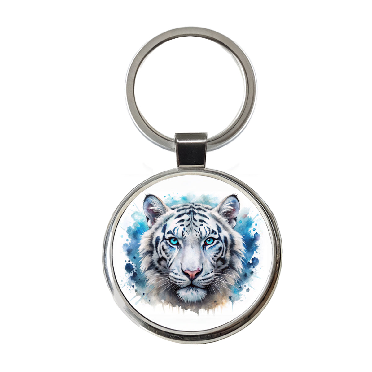 White Tiger Face Watercolor Round Metal Keychain