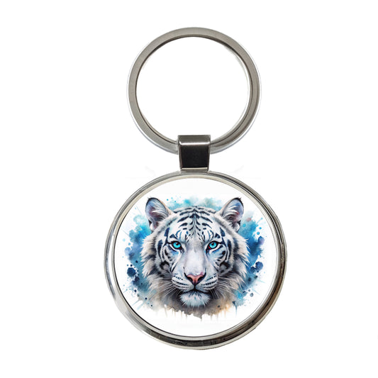 White Tiger Face Watercolor Round Metal Keychain