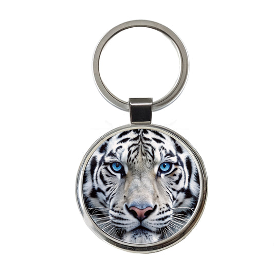 White Tiger Face Round Metal Keychain