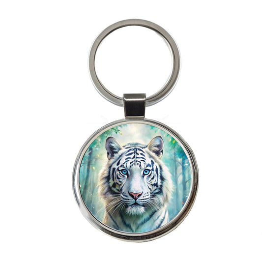 White Tiger In Forest Watercolor Round Metal Keychain