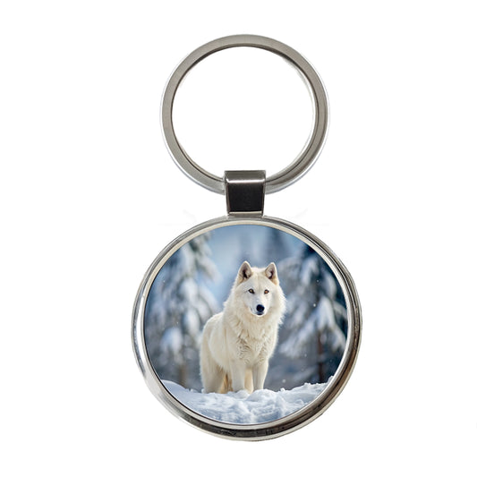White Wolf In The Snow Round Metal Keychain
