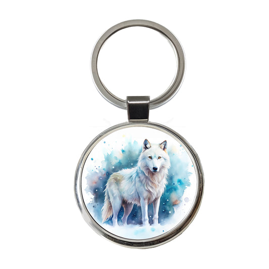 White Wolf Watercolor Round Metal Keychain