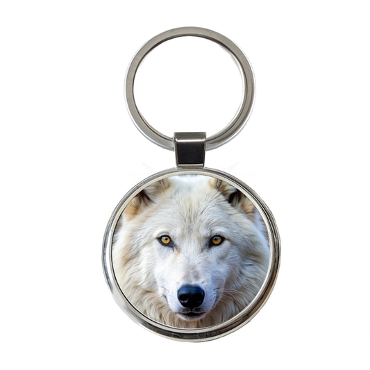 White Wolf Round Metal Keychain