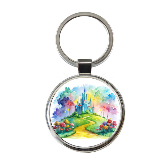 Emerald City Watercolor Round Metal Keychain