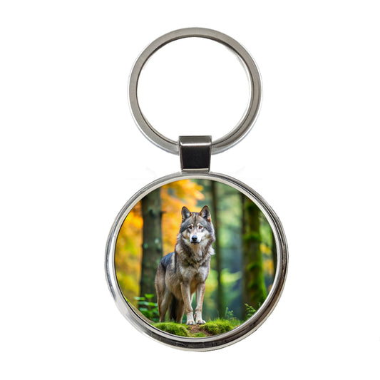 Wolf In The Forest Round Metal Keychain