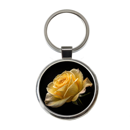 Yellow Rose Round Metal Keychain