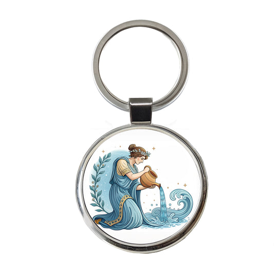 Zodiac Horoscope Symbol Aquarius Water Bearer Round Metal Keychain
